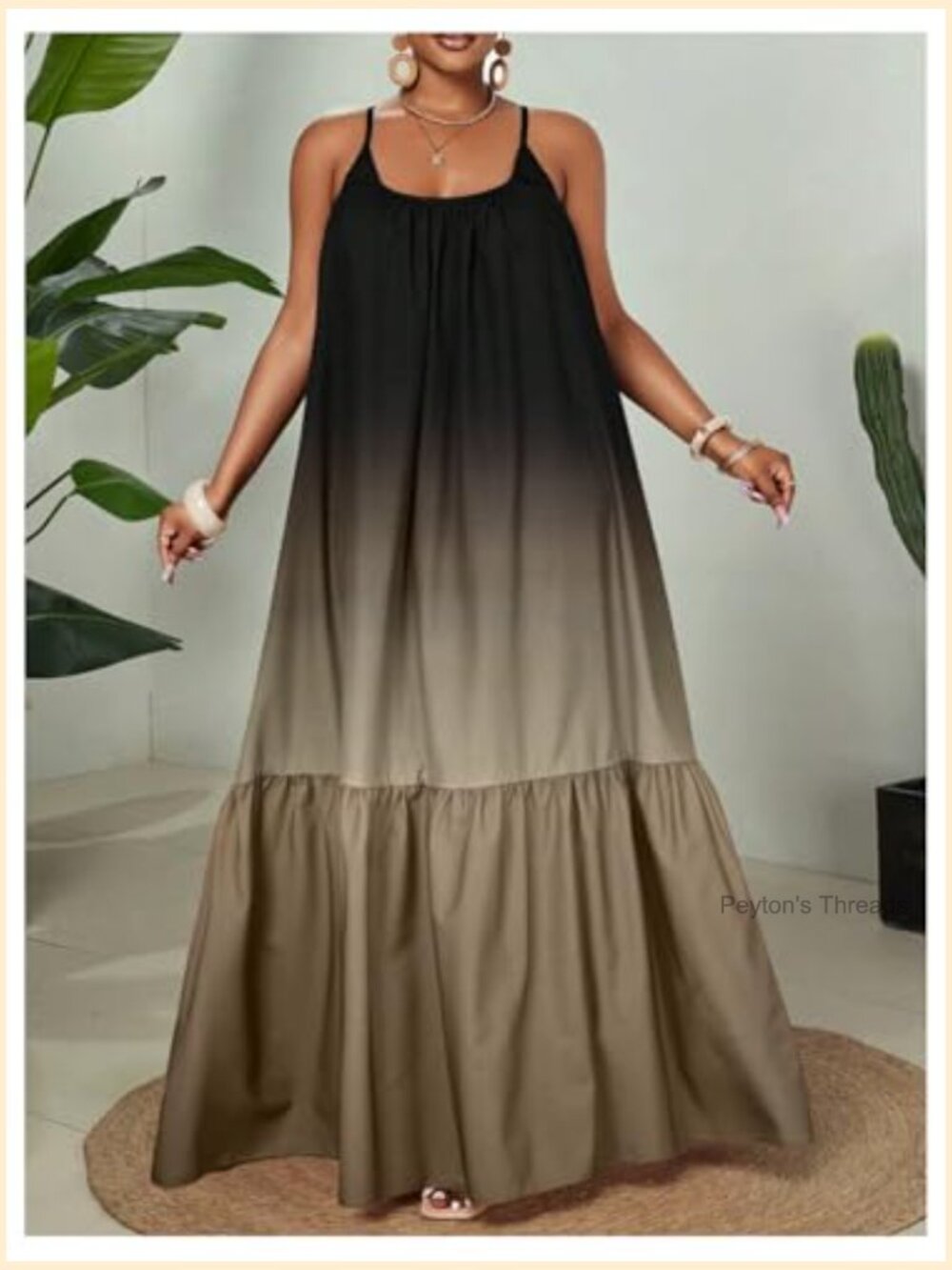 Spaghetti Strap Ruffle Hem Ombre Maxi Dress Flowy Vacation Sundress - Picture 5 of 5